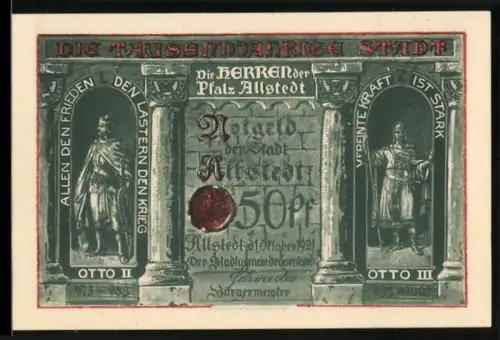 Notgeld Allstedt 1921, 50 Pfennig Otto II. und Otto III. mit Ortsansicht aus dem 17. Jahrhundert