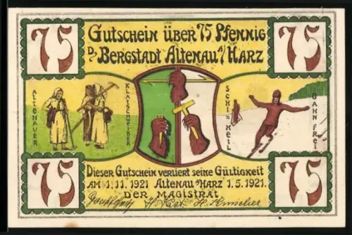 Notgeld Altenau /Harz 1921, 75 Pfennig, Bergmann, Skifahrer, Kurhaus mit Villa Margareta