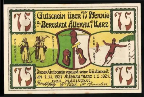 Notgeld Altenau /Harz 1921, 75 Pfennig, Bergleute und Skifahrer, Altenauer Damenkapelle