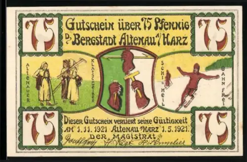 Notgeld Altenau /Harz 1921, 75 Pfennig, Wintersport, Partie aus der Bergstadt Altenau