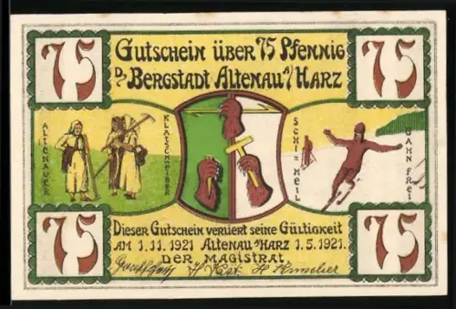 Notgeld Altenau /Harz 1921, 75 Pfennig, Bergleute und Landschaft mit Hüttenteich bei Altenau im Oberharz