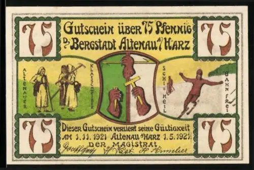 Notgeld Altenau /Harz 1921, 75 Pfennig, Bergleute und Landschaft mit Blick vom Rothenberg