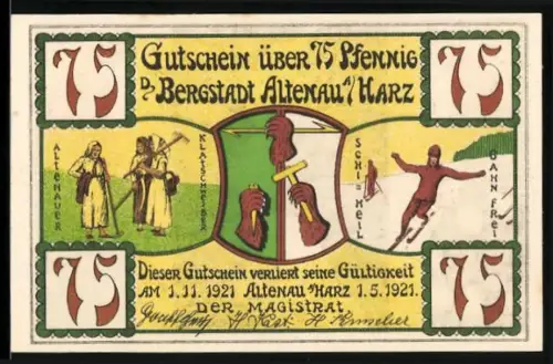 Notgeld Altenau /Harz 1921, 75 Pfennig, Bergarbeiter, Skifahrer, Nabenthaler Wasserfall