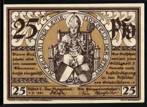 Notgeld Alfeld /Leine 1921, 25 Pfennig, St. Nicolaikirche und Fillerturm