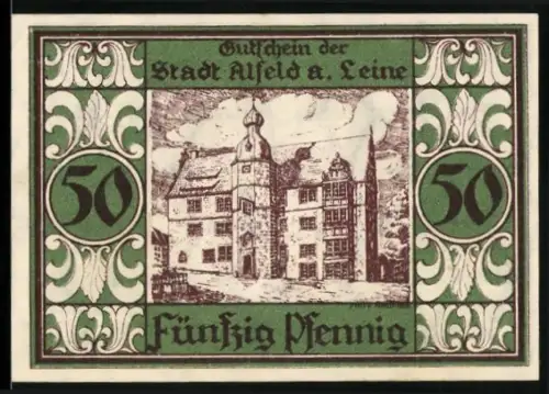 Notgeld Alfeld a. Leine 1921, 50 Pfennig, historisches Gebäude und Bischofsmotiv