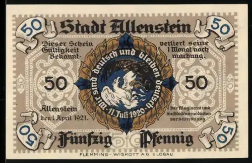 Notgeld Allenstein 1921, 50 Pfennig, Adler und Rathaus mit Wappen