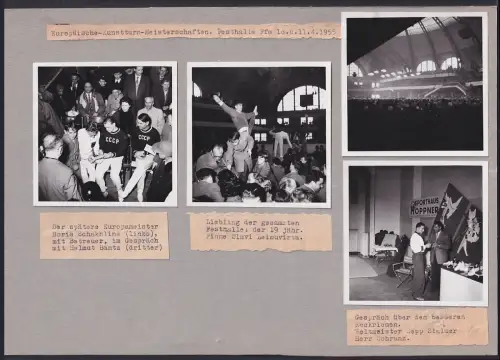 Fotografie Ansicht Frankfurt /Main, Europäische-Kunstturn-Meisterschaften 1955, Boris Schakline, Helmut Bantz, Olavi L.