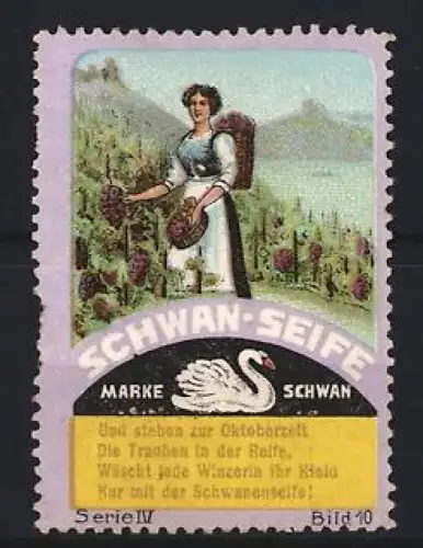 Reklamemarke Schwan-Seife, Winzerin mit Trauben, Schwan-Logo