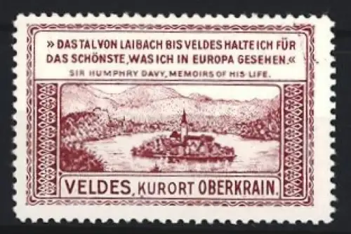 Reklamemarke Veldes, Oberkrain, Insel im See mit Kirche