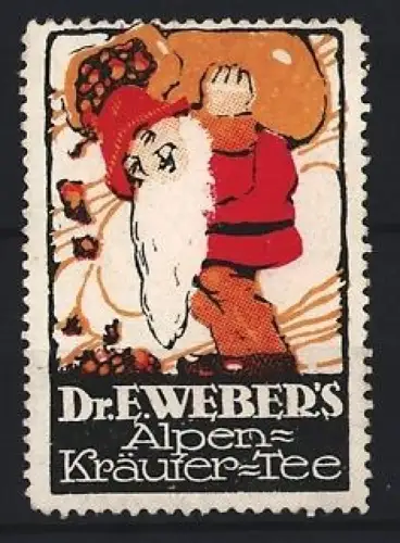 Reklamemarke Dr. E. Weber`s Alpen-Kräuter-Tee, Zwerg mit Teebündel