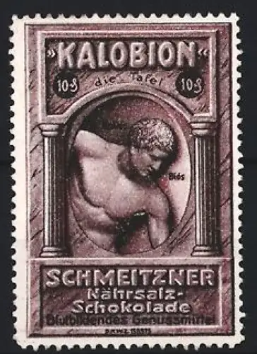 Reklamemarke Schmeitzner Nährsalz-Schokolade, Kalobion Schokolade, Skulptur eines Mannes