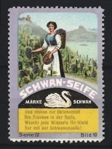 Reklamemarke Schwan Seife, Winzerin mit Trauben und Schwan