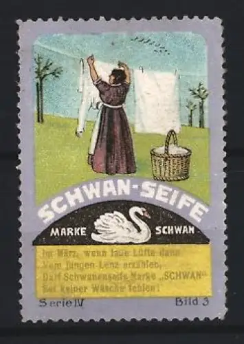 Reklamemarke Schwan-Seife, Frau mit Wäscheleine und Schwan-Logo