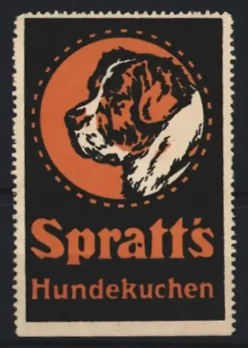 Reklamemarke Spratt`s Hundekuchen, Hundekopf vor orangefarbenem Hintergrund, Bernhardiner