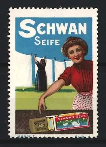Reklamemarke Schwan Seife, Frau mit Wäscheleine und Seife