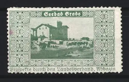 Reklamemarke Grado, Blick auf Gebäude, Strandansicht