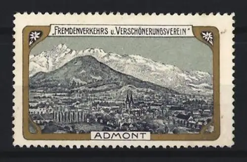 Reklamemarke Admont, Fremdenverkehrs- und Verschönerungsverein, Ortsansicht mit Bergen