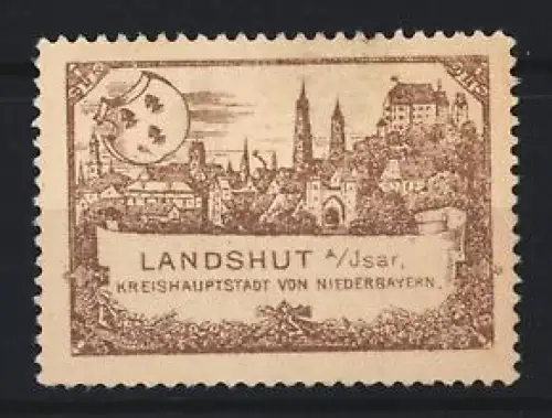 Reklamemarke Landshut a. Isar, Ortsansicht mit Wappen