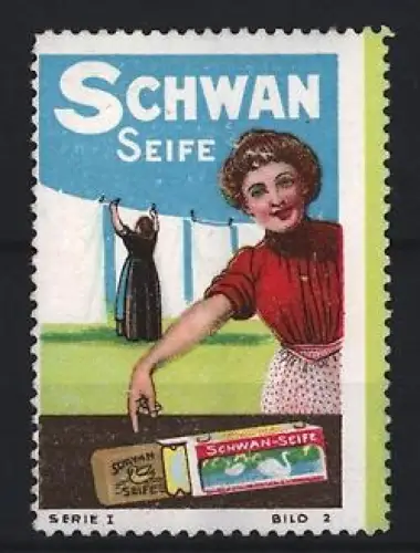 Reklamemarke Schwan Seife, Frauen mit Wäscheleine und Seifenverpackung
