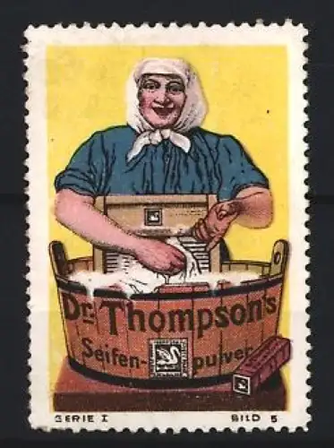 Reklamemarke Dr. Thompson, Seifenpulver, Frau beim Waschen