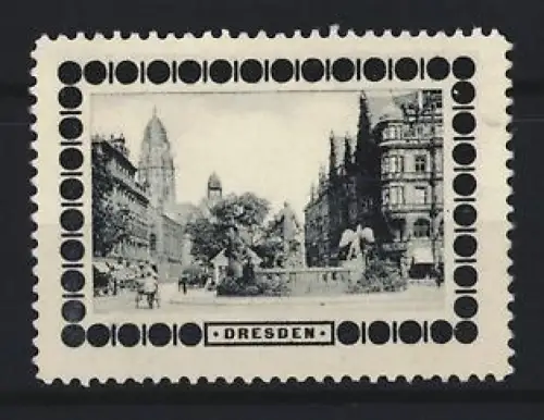 Reklamemarke Dresden, Ortsansicht, Architektur und Brunnen