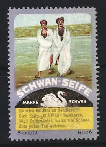 Reklamemarke Schwan-Seife, Frauen mit Handtüchern am Strand