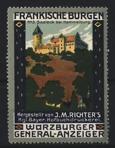 Reklamemarke Würzburg, J.M. Richter Hofbuchdruckerei, Würzburger General-Anzeiger, Burgansicht