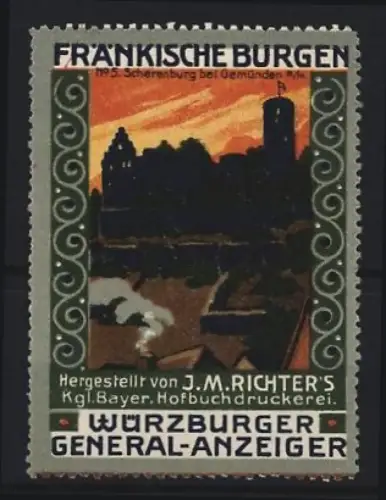 Reklamemarke Würzburg, J.M. Richter Hofbuchdruckerei, Würzburger General-Anzeiger, Scherenburg