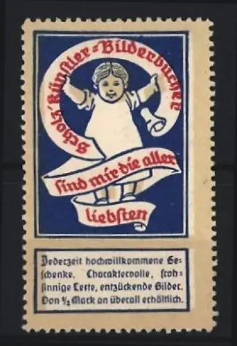 Reklamemarke Scholz` Künstler-Bilderbücher, Mädchen mit Schriftbanner