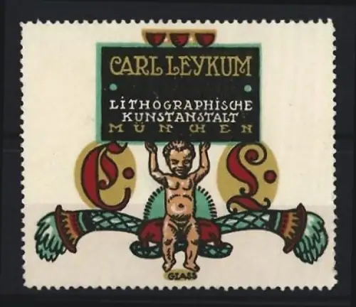 Reklamemarke München, Carl Leykum, Lithographische Kunstanstalt, Putto mit Tafel