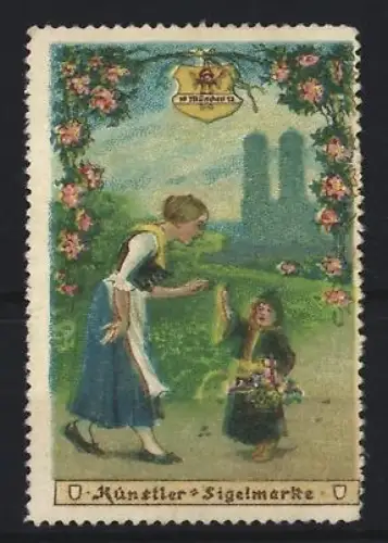 Reklamemarke München, Künstler-Siegelmarke, Frau und Münchner Kindl mit Blumenstrauss