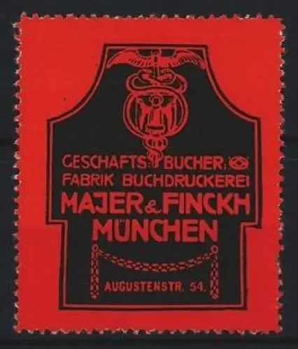 Reklamemarke München, Majer & Finckh, Buchdruckerei, Druckerpresse-Symbol
