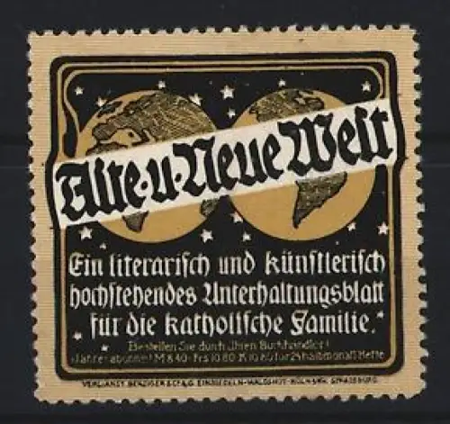 Reklamemarke Stuttgart, Alte u. Neue Welt, Zeitung zur Unterhaltung, Weltkugeln