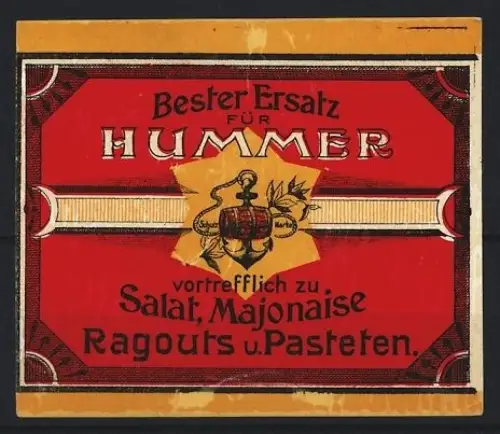 Reklamemarke Ersatzprodukt für Hummer, Delikatesse, Anker mit Fass