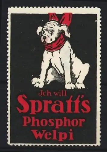 Reklamemarke Spratt, Phosphor Welpi, Hundefutter, Welpe mit rotem Schal