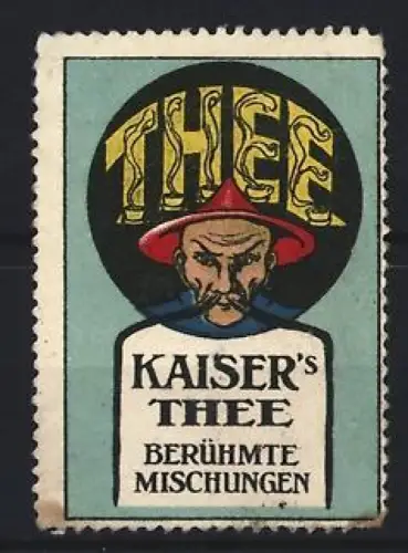 Reklamemarke Kaiser`s Tee, Chinesischer Mann mit rotem Hut