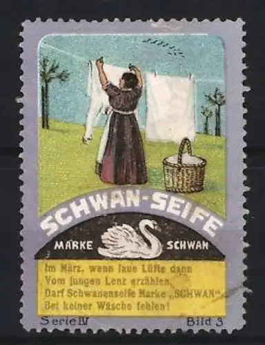Reklamemarke Schwan-Seife, Frau beim Wäscheaufhängen
