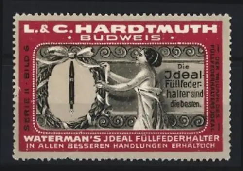 Reklamemarke Budweis, L. & C. Hardtmuth, Waterman`s Füllfederhalter, Frau neben einem Füller