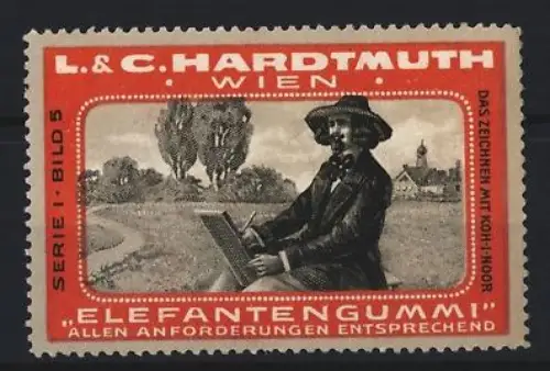 Reklamemarke Wien, L. & C. Hardtmuth, Elefantengummi, Radiergummi, Künstler bei der Arbeit