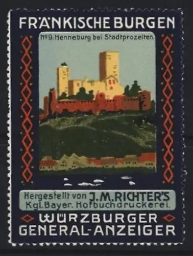 Reklamemarke Würzburg, Würzburger Generalanzeiger, Zeitung, Menneburg bei Stadtprozelten