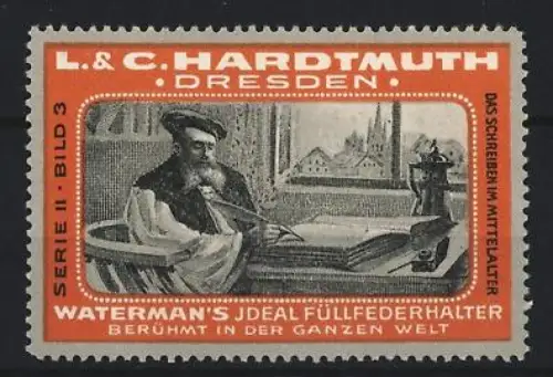 Reklamemarke Dresden, L. & C. Hardtmuth, Waterman`s Sicherhaltshalter, Füllfederhalter, Gelehrter beim Schreiben
