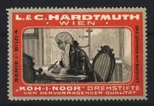 Reklamemarke Wien, L. & C. Hardtmuth, Koh-I-Noor Drehstifte, Schreibender Mann mit Drehstift
