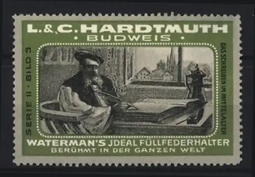 Reklamemarke Budweis, L. & C. Hardtmuth, Waterman`s Füllfederhalter, Gelehrter beim Schreiben