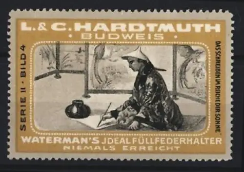 Reklamemarke Budweis, L. & C. Hardtmuth, Waterman`s Füllfederhalter, Schreibender Mann im asiatischen Gewand