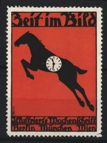 Reklamemarke Berlin, Zeit im Bild, Zeitung, springendes Pferd mit Uhr