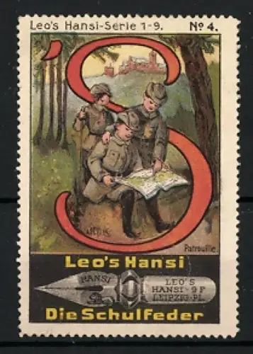 Reklamemarke Leipzig, Leo`s Hansi, Füllfederhalter, Pfadfinder mit Karte