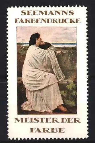 Reklamemarke Seemanns Farbendrucke, sitzende Frau am Meer