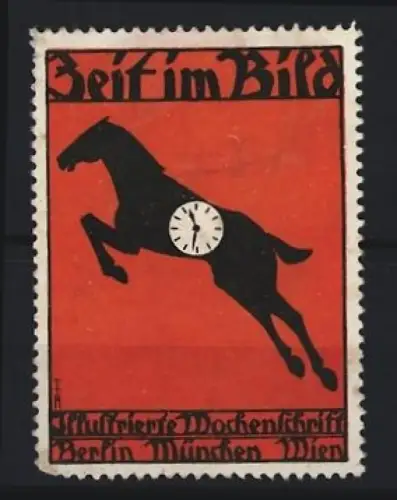 Reklamemarke Berlin, Zeit im Bild, Zeitung, springendes Pferd mit Uhr