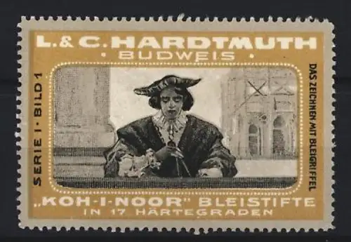 Reklamemarke Budweis, L. & C. Hardtmuth, Koh-I-Noor Bleistifte, Zeichnender Mann