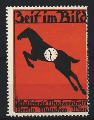 Reklamemarke Berlin, Zeit im Bild, Zeitung, springendes Pferd mit Uhr